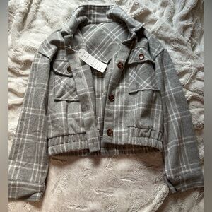 Women’s Gray Plaid Cropped Jacket, Size Small | NWT